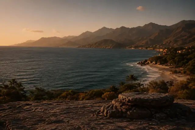 Interpretaci�n art�stica de una costa de Margarita al atardecer, con monta�as, mar y roca en primer plano